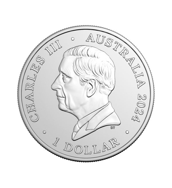Perspectiva frontal de la cara de la moneda de plata Jirafa de 1oz de 2024, que muestra el rostro de Carlos III realizado por el grabador Dan Thorne.