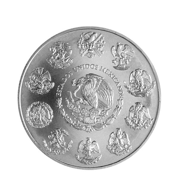 Perspectiva frontal de la cara de la moneda de plata Libertad de México de 1oz de 2024, con varios escudos de armas del país