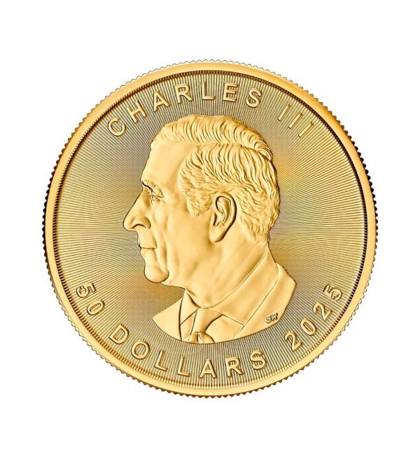 Perspectiva frontal de la cara de la moneda de oro Maple Leaf de 1oz de 2025, con el rostro del monarca Carlos III