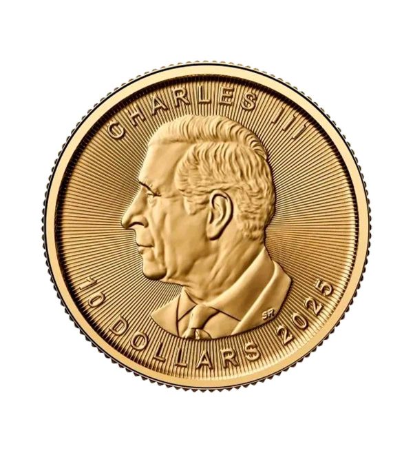 Perspectiva frontal de la cruz de la moneda de oro Maple Leaf de 1/4oz de 2025, con la hoja de arce en el centro de la pieza
