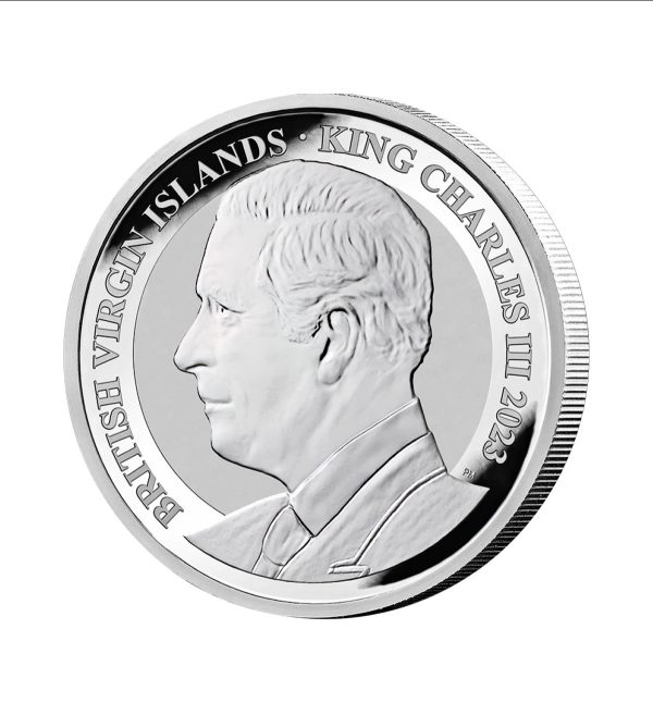 Perspectiva lateral de la cara de la moneda de plata Pegaso de 1oz de 2023, que muestra al monarca Carlos III