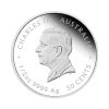 Perspectiva frontal de la cara de la moneda de plata Recién nacido de 1oz de 2024, con el rostro de Carlos III