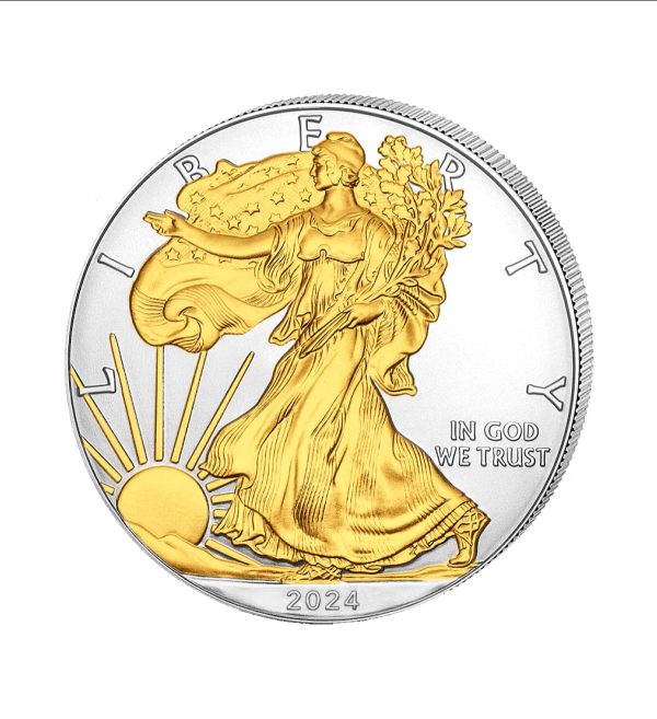 Perspectiva lateral de la cruz de la moneda de plata dorada American Eagle de 1oz de 2024, que muestra a la diosa libertad con su pelo azotado por el viento