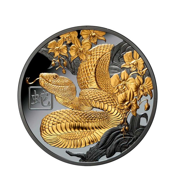 Perspectiva frontal de la cruz de la moneda de plata dorada Año de la Serpiente de 1/4oz de 2025, que muestra al animal con el rostro retorcido sobre un árbol