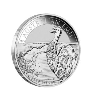 Perspectiva lateral de la cruz de la moneda de plata Emú australiano de 1oz de 2024, que muestra al animal mirando al horizonte