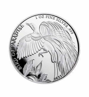 Perspectiva frontal de la cara de la moneda de plata Ave del paraíso de 1oz de 2024, que muestra al ave batiendo sus alas y pasando cerca de una planta
