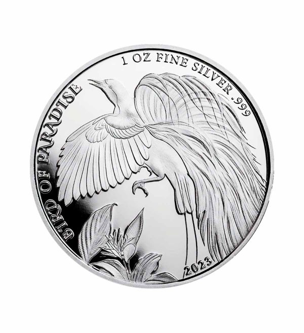 moneda-ave-del-paraiso-plata-1-oz-2023 Perspectiva frontal de la cara de la moneda de plata Ave del paraíso de 1oz de 2024, que muestra al ave batiendo sus alas y pasando cerca de una planta