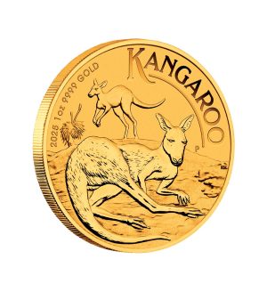 Perspectiva lateral de la moneda de oro Canguro australiano de 1oz de 2025, donde vemos a un canguro tumbado sobre el suelo y otro de fondo saltando