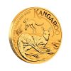 Perspectiva lateral de la moneda de oro Canguro australiano de 1⁄10oz de 2025, donde vemos a un canguro tumbado sobre el suelo y otro de fondo saltando