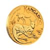 Perspectiva lateral de la moneda de oro Canguro australiano de 1⁄4oz de 2025, donde vemos a un canguro tumbado sobre el suelo y otro de fondo saltando
