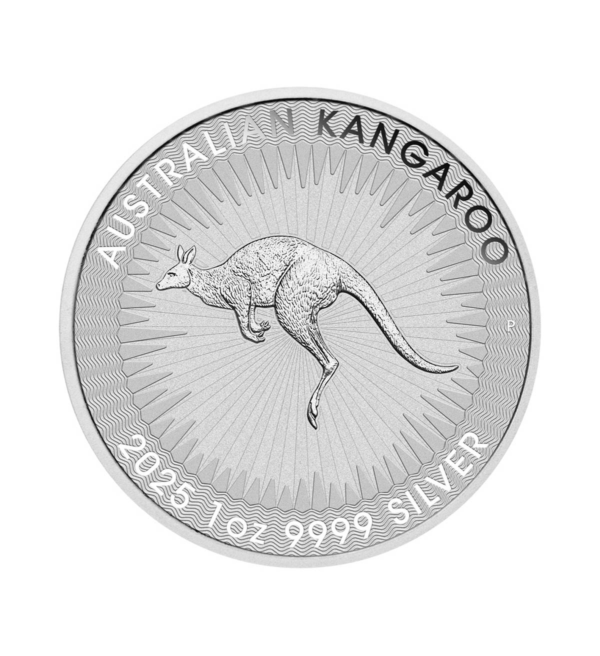 Perspectiva frontal de la moneda de plata Canguro australiano de 1oz de 2025, con la imagen del animal en la mitad de la moneda en posición de salto