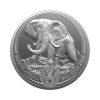 Perspectiva frontal de la cruz de la moneda de plata Elefante de 1oz de 2024, que muestra a un solitario elefante con su trompa al vuelo y sobre un escenario rocoso