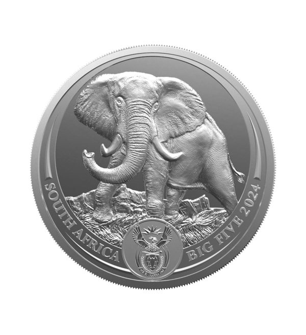 Perspectiva frontal de la cruz de la moneda de plata Elefante de 1oz de 2024, que muestra a un solitario elefante con su trompa al vuelo y sobre un escenario rocoso