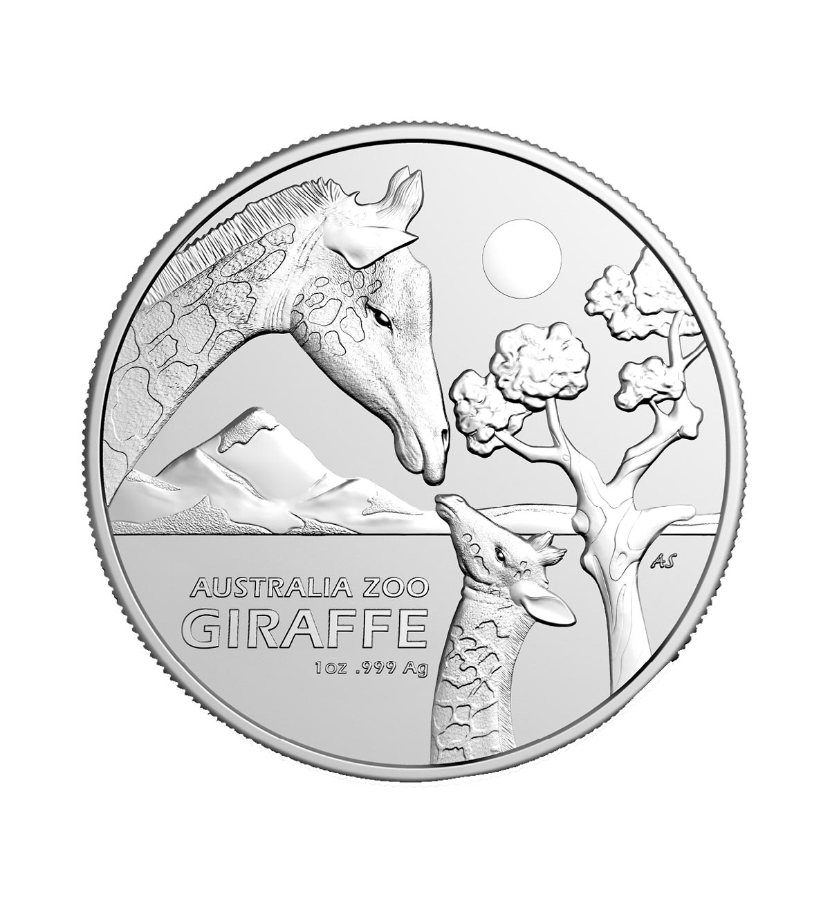 Perspectiva frontal de la moneda de plata Jirafa de 1oz de 2024, que muestra a una madre y su cría en una imagen muy tierna en un entorno salvaje