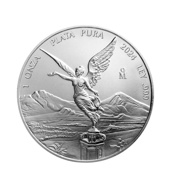 Perspectiva frontal de la cruz de la moneda de plata Libertad de México de 1oz de 2024, con el ángel de la libertad agarrando una corona y unas cadenas