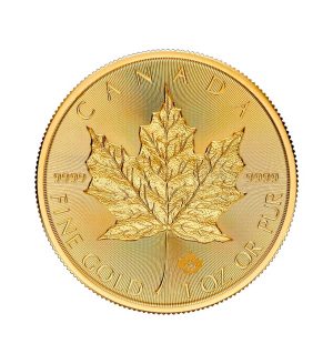 Perspectiva frontal de la cruz de la moneda de oro Maple Leaf de 1oz de 2025, con la hoja de arce en el centro de la pieza