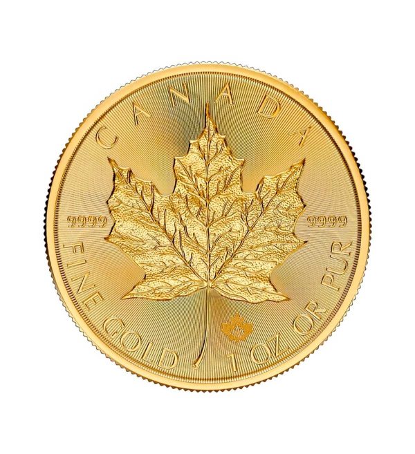 Perspectiva frontal de la cruz de la moneda de oro Maple Leaf de 1oz de 2025, con la hoja de arce en el centro de la pieza