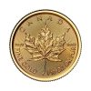Perspectiva frontal de la cruz de la moneda de oro Maple Leaf de 1/10oz de 2025, con la hoja de arce en el centro de la pieza