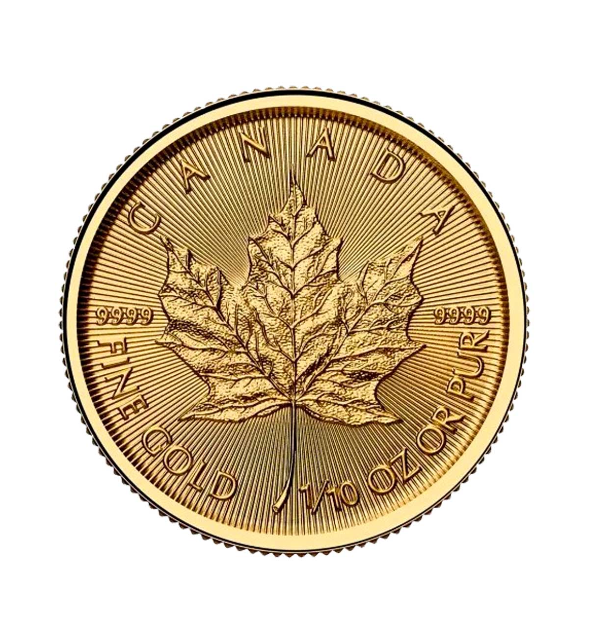 Perspectiva frontal de la cruz de la moneda de oro Maple Leaf de 1/10oz de 2025, con la hoja de arce en el centro de la pieza