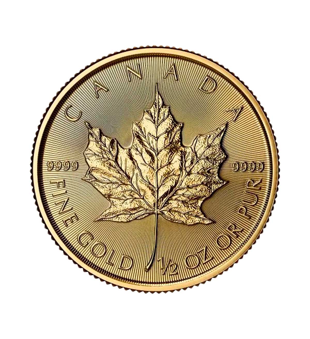 Perspectiva frontal de la cruz de la moneda de oro Maple Leaf de 1/2oz de 2025, con la hoja de arce en el centro de la pieza
