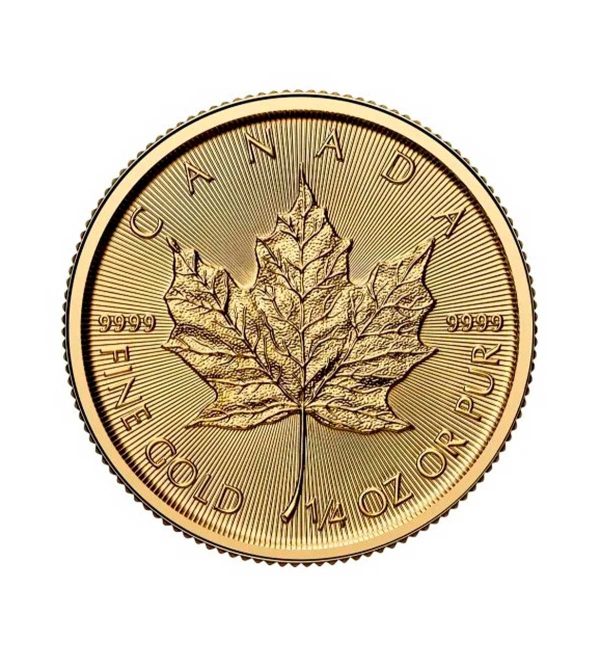 Perspectiva frontal de la cruz de la moneda de oro Maple Leaf de 1/4oz de 2025, con la hoja de arce en el centro de la pieza