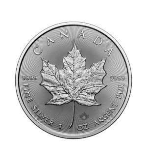Perspectiva frontal de la cruz de la moneda de plata Maple Leaf de 1oz de 2025, con la hoja de arce en el centro