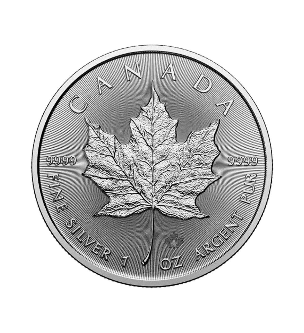 Perspectiva frontal de la cruz de la moneda de plata Maple Leaf de 1oz de 2025, con la hoja de arce en el centro