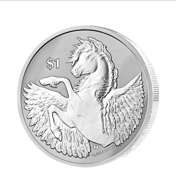 Perspectiva lateral de la cruz de la moneda de plata Pegaso de 1oz de 2023, que nos muestra al caballo alado con sus dos patas delanteras en el aire