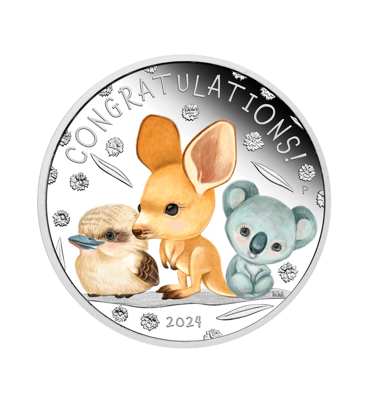 Perspectiva frontal de la cruz de la moneda de plata policromada Recién nacido de 1oz de 2024, con dibujos de una kookaburra, un canguro y un koala