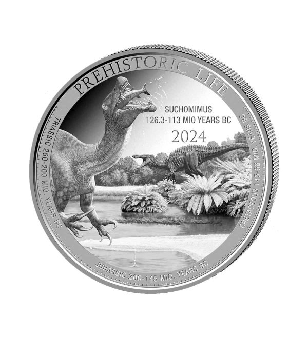 moneda-suchomimus-plata-1-oz-2024-serie-prehistoric-life Perspectiva frontal de la cruz de la moneda de plata Suchomimus de 1oz de 2024, que muestra a dos dinosaurios en un entorno salvaje