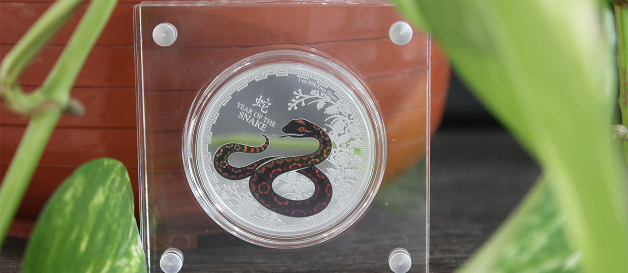 Moneda de plata Año de la Serpiente con su expositor frente a una planta
