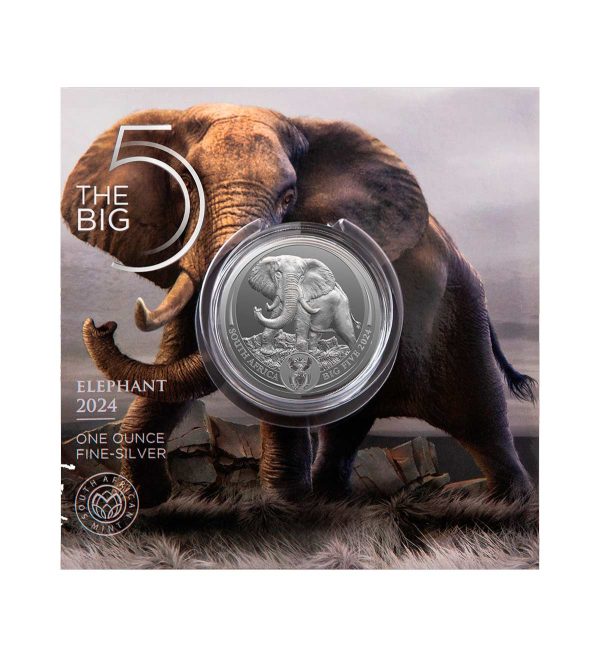 Packaging de la moneda de plata Elefante de 1oz de 2024, con un elefante ocupando a todo color el embalaje que protege el bullion
