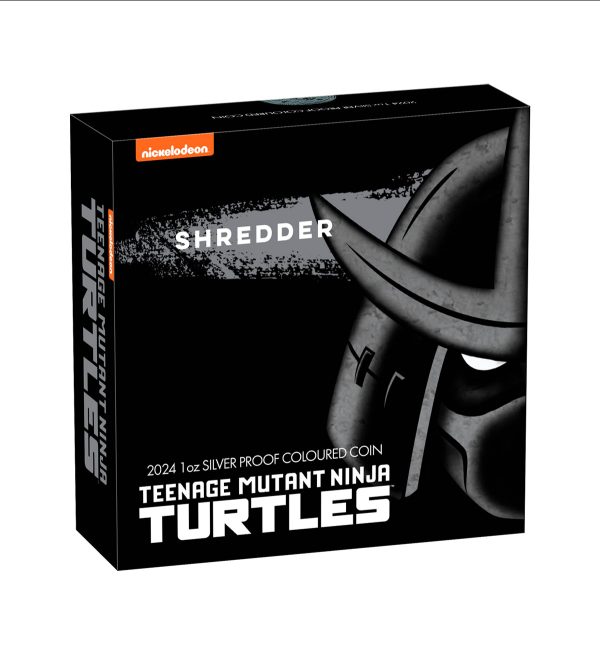 Perspectiva frontal del packaging de la moneda de plata policromada de 1oz de 2024 de Shredder, el villano de las Tortugas Ninja