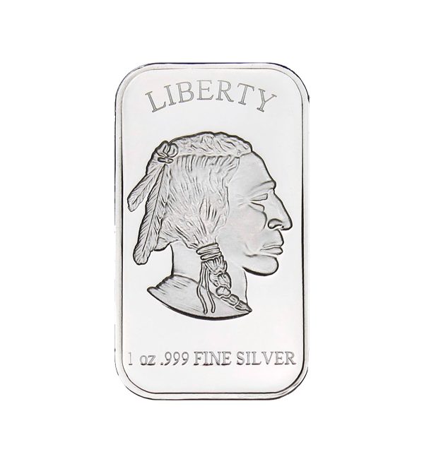 Perspectiva frontal del anverso del lingote de plata American Bufalo de 1oz de 2024, con el rostro del indígena ocupando casi todo el espacio