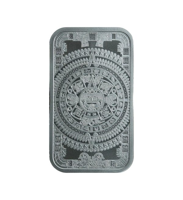 Perspectiva frontal del reverso del lingote de plata Calendario azteca de 1oz de 2024
