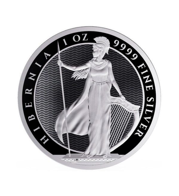Moneda-de-plata-Hibernia-de-1oz-de-2024 Perspectiva frontal de la cruz de la moneda de plata Hibernia ded 1oz de 2024, que muestra a la diosa empuñando un arma