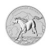 Perspectiva frontal de la cruz de la moneda de plata Brumby australiano de 1oz de 2024, que muestra al caballo caminando salvajemente