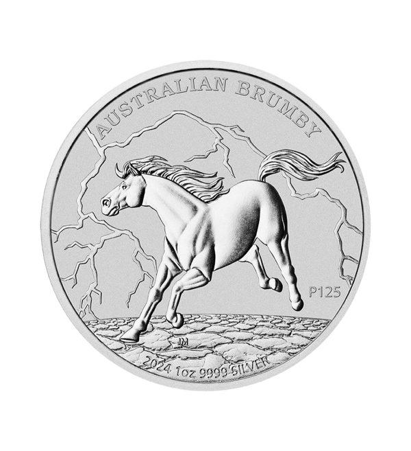Perspectiva frontal de la cruz de la moneda de plata Brumby australiano de 1oz de 2024, que muestra al caballo caminando salvajemente