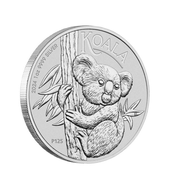 Perspectiva frontal de la cruz de la moneda de plata Koala australiano de 1oz de 2024, que muestra al animal agarrándose a un tronco
