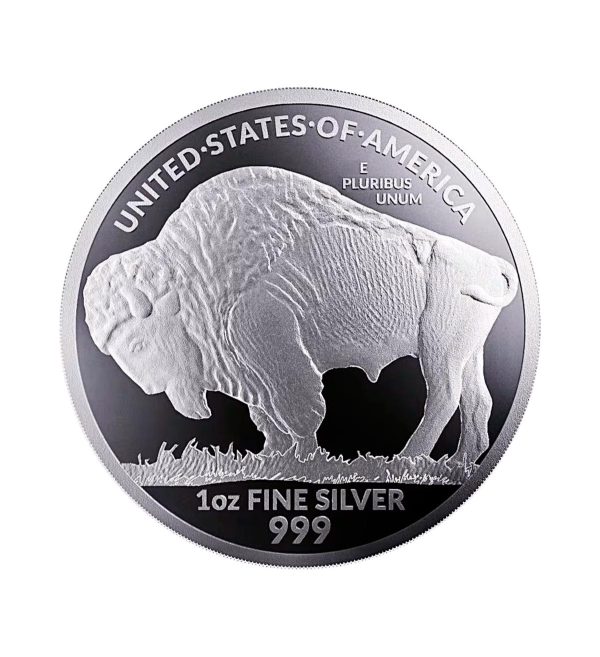 Perspectiva frontal de la cara de la moneda de plata Búfalo americano de 1oz de 2024, con la silueta del animal de lado comiendo pasto