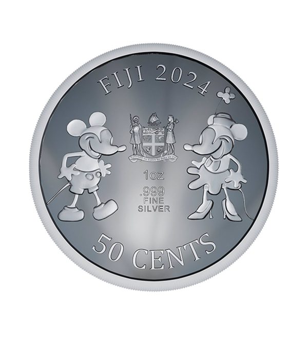 cara-Moneda-de-plata-Mickey-Mouse-Barco-de-Vapor-de-1oz-de-2024 Perspectiva frontal de la moneda de plata Mickey Mouse Barco de Vapor de 1oz de 2024, con el ratón y su pareja en estilo antiguo junto al escudo de armas de Fiji