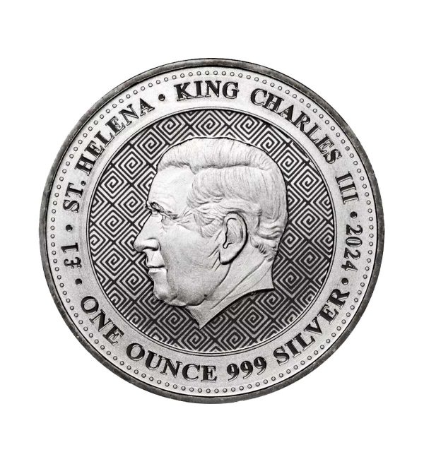 Perspectiva frontal de la cara de la moneda de plata Shekel de Tyre de 1oz de 2024, con el rostro del monarca Carlos III