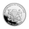 Perspectiva frontal de la cara de la moneda de plata Búho chillón de 1oz ded 2024, con el escudo de armas de la República del Chad