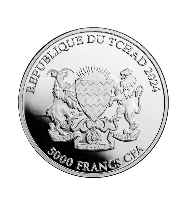 Perspectiva frontal de la cara de la moneda de plata Búho chillón de 1oz ded 2024, con el escudo de armas de la República del Chad