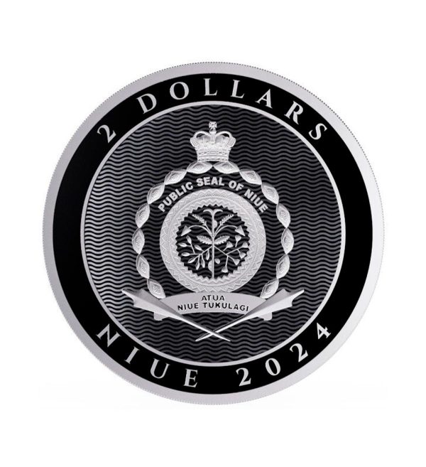 cara-moneda-de-plata-Hibernia-de-1oz-de-2024 Perspectiva frontal de la cara de la moneda de plata Hibernia de 1oz de 2024, con el escudo de armas de Niue