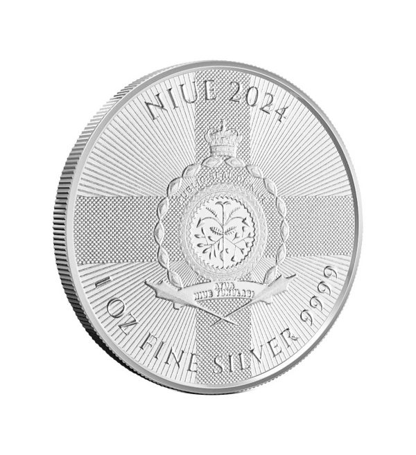 Perspectiva frontal de la cara de la moneda de plata León de Inglaterra de 1oz de 2024, con el escudo de armas de Niue con la bandera de Inglaterra de fondo