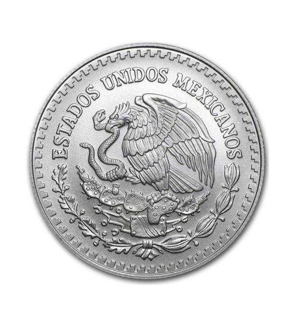 Perspectiva frontal de la cara de la moneda de plata Libertad de México de 1oz de 2024, con el escudo de armas del país
