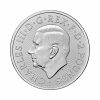 Perspectiva frontal de la cara de la moneda de plata Royal Arms de 1oz de plata de 2024, con el rostro del monarca Carlos III