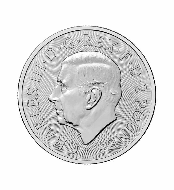 Perspectiva frontal de la cara de la moneda de plata Royal Arms de 1oz de plata de 2024, con el rostro del monarca Carlos III