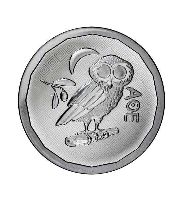 moneda-buho-ateniense-plata-1-oz-2024 Perspectiva frontal de la cruz de la moneda de plata Búho Ateniense de 1oz de 2024 acuñado en Santa Helena